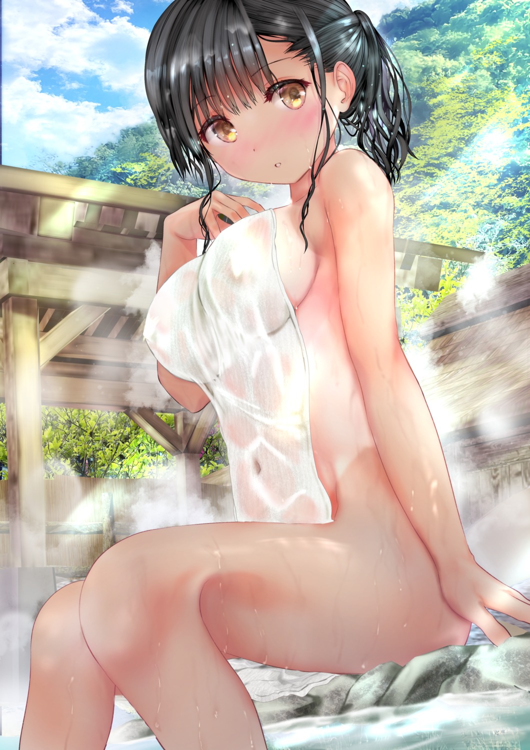 Ogata Tei Erect Nipples Naked Onsen See Through Tan Lines Towel Wet